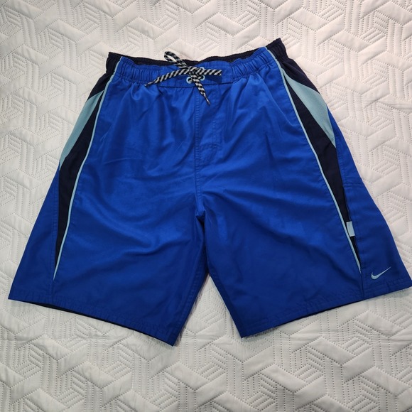 Nike Swim Trunks Mens tri-color blue Shorts Drawstrings Embroidered Swoosh M - Picture 2 of 12